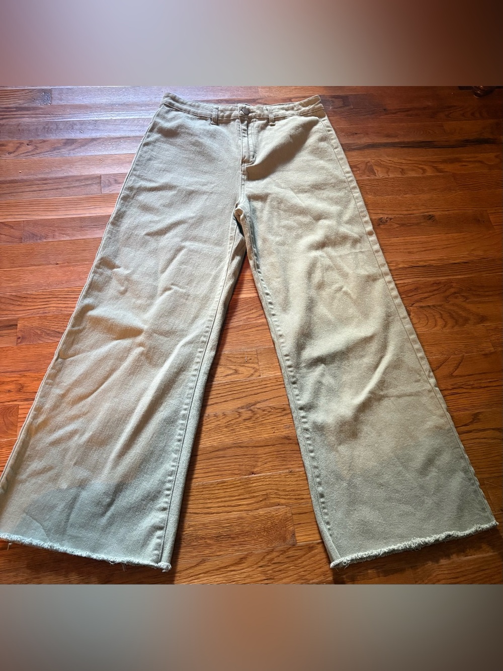 Anniewear High Rise Wide Leg Raw Hem Jeans, Green, Size XL